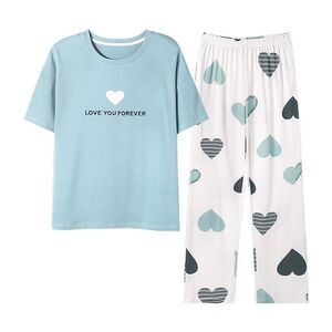 Cotton Women’s Pajama Set 2 Pcs Short Sleeve Pullover Top Sleepwear Long PJ Pant